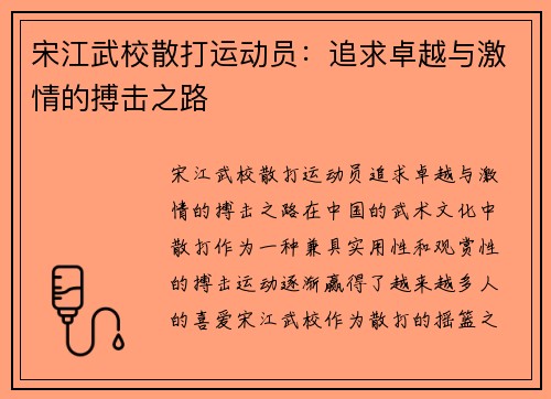 宋江武校散打运动员：追求卓越与激情的搏击之路